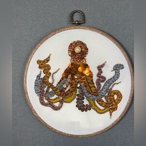 Octopus Embroidery Round Frame Sequins Modern 10”‎ Tall Handmade